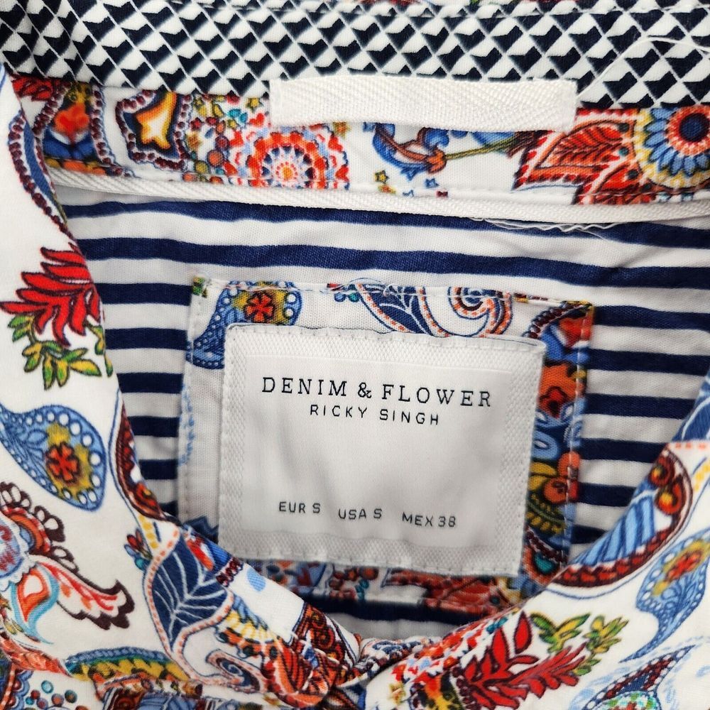 NWT Denim & Flower Shirt Mens Small Paisley‎ Floral White Button Up Viscose NEW - Picture 4 of 9